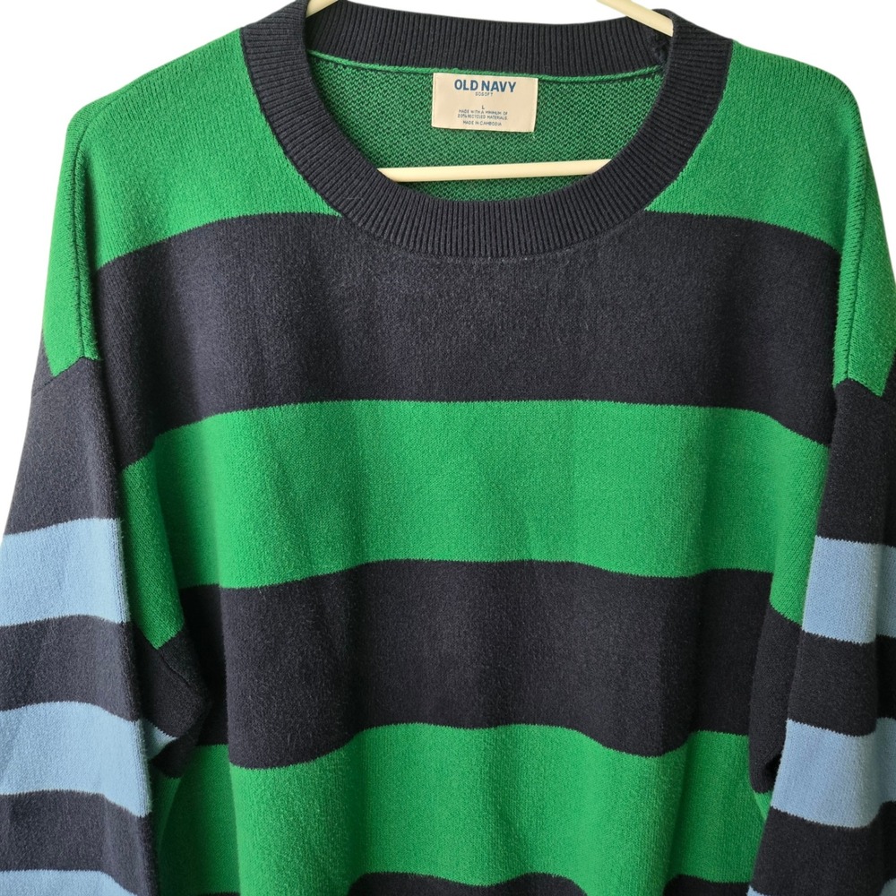 Old Navy SoSoft Mens Large Green Navy Blue Striped Crewneck Sweater Relaxed Fit